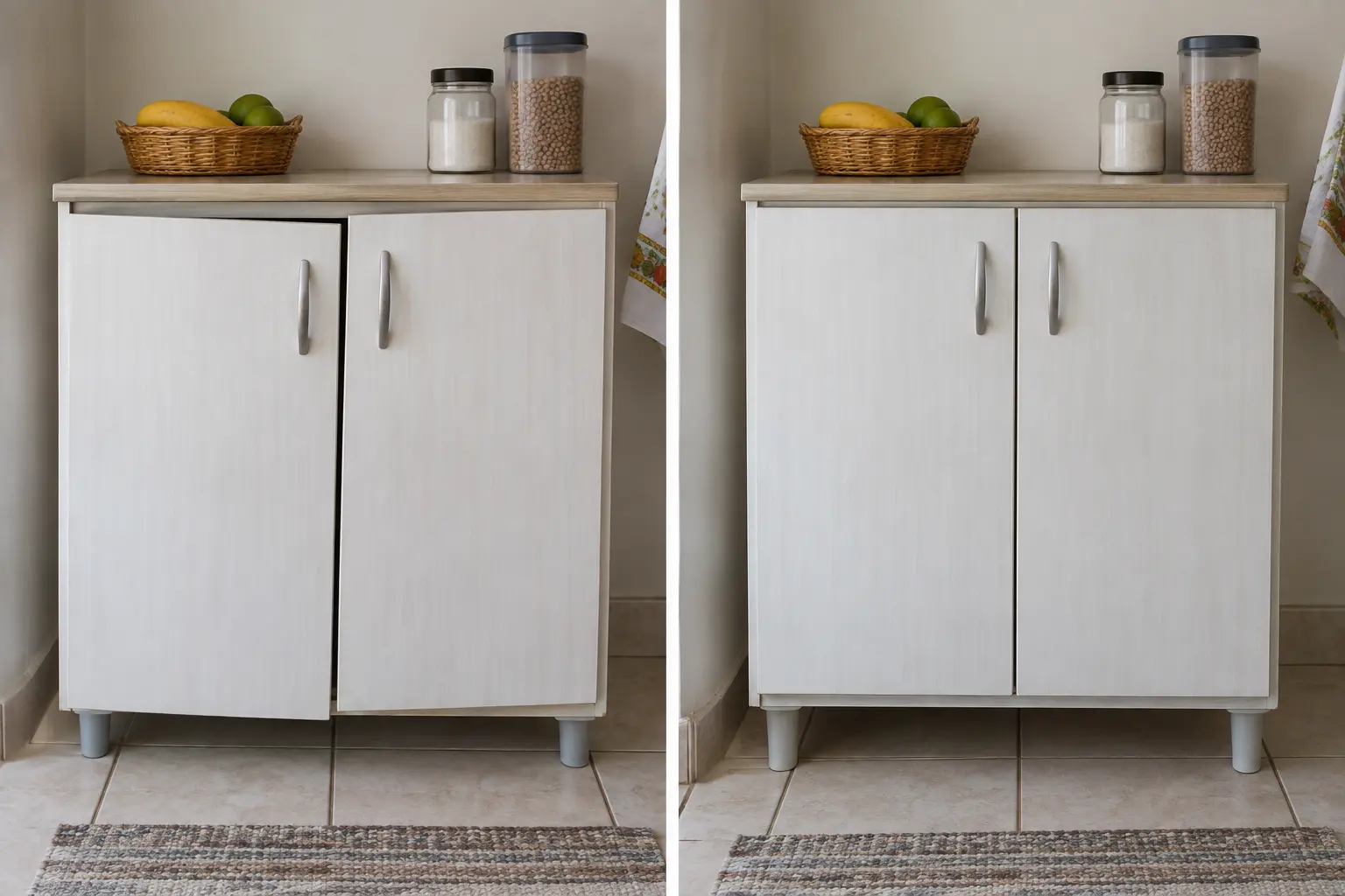 Comparativo simulado lado a lado de armário simples com porta desalinhada e do mesmo armário com portas alinhadas e folgas regulares.