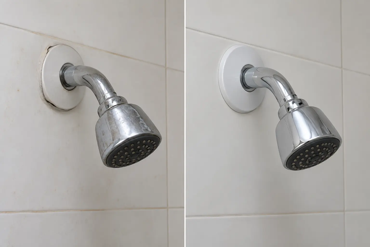 Comparativo simulado lado a lado de acabamento externo de chuveiro irregular e do mesmo acabamento organizado e limpo.