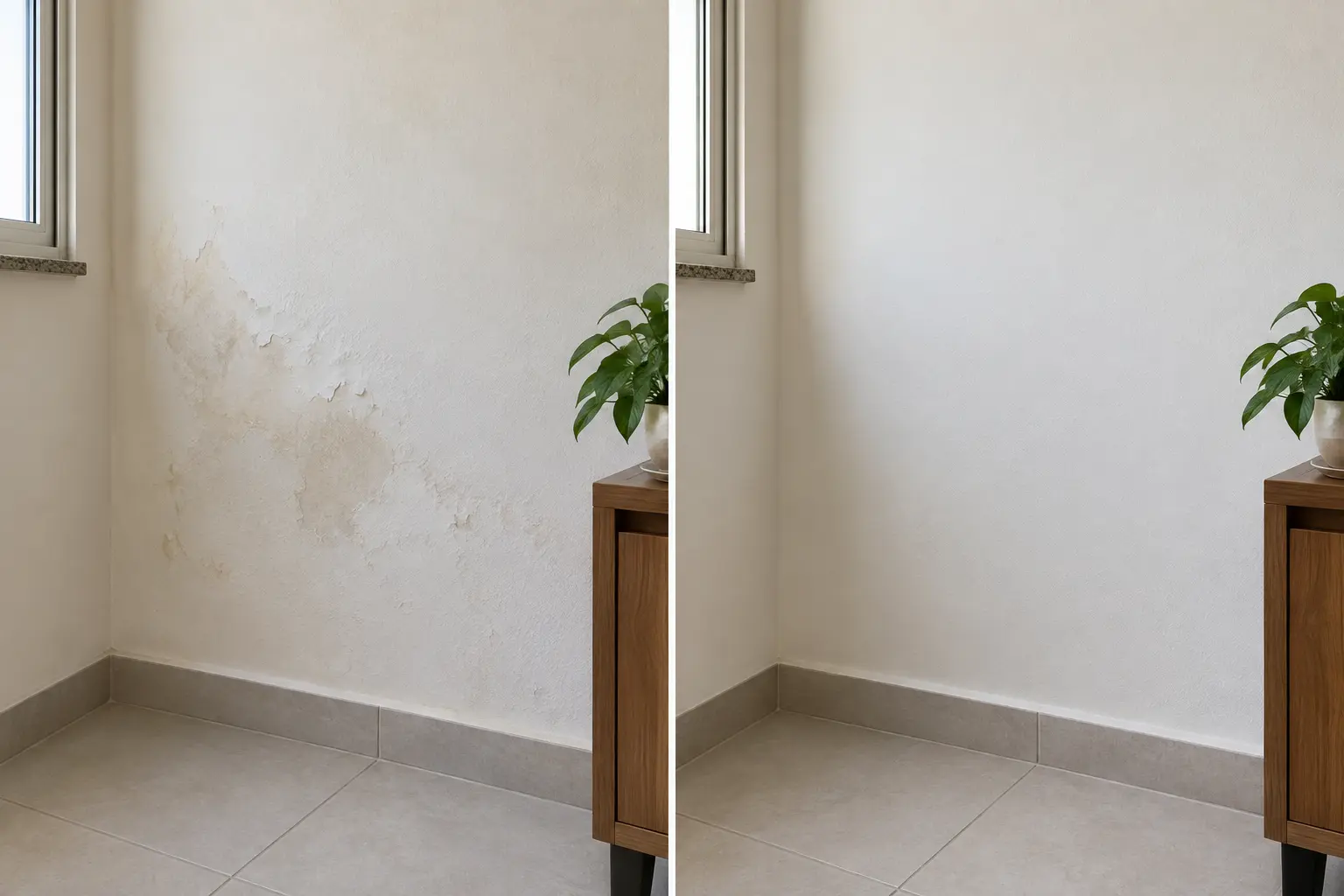 Comparativo simulado lado a lado de parede interna com mancha de umidade e da mesma parede seca, reparada e pintada após resolver a infiltração.