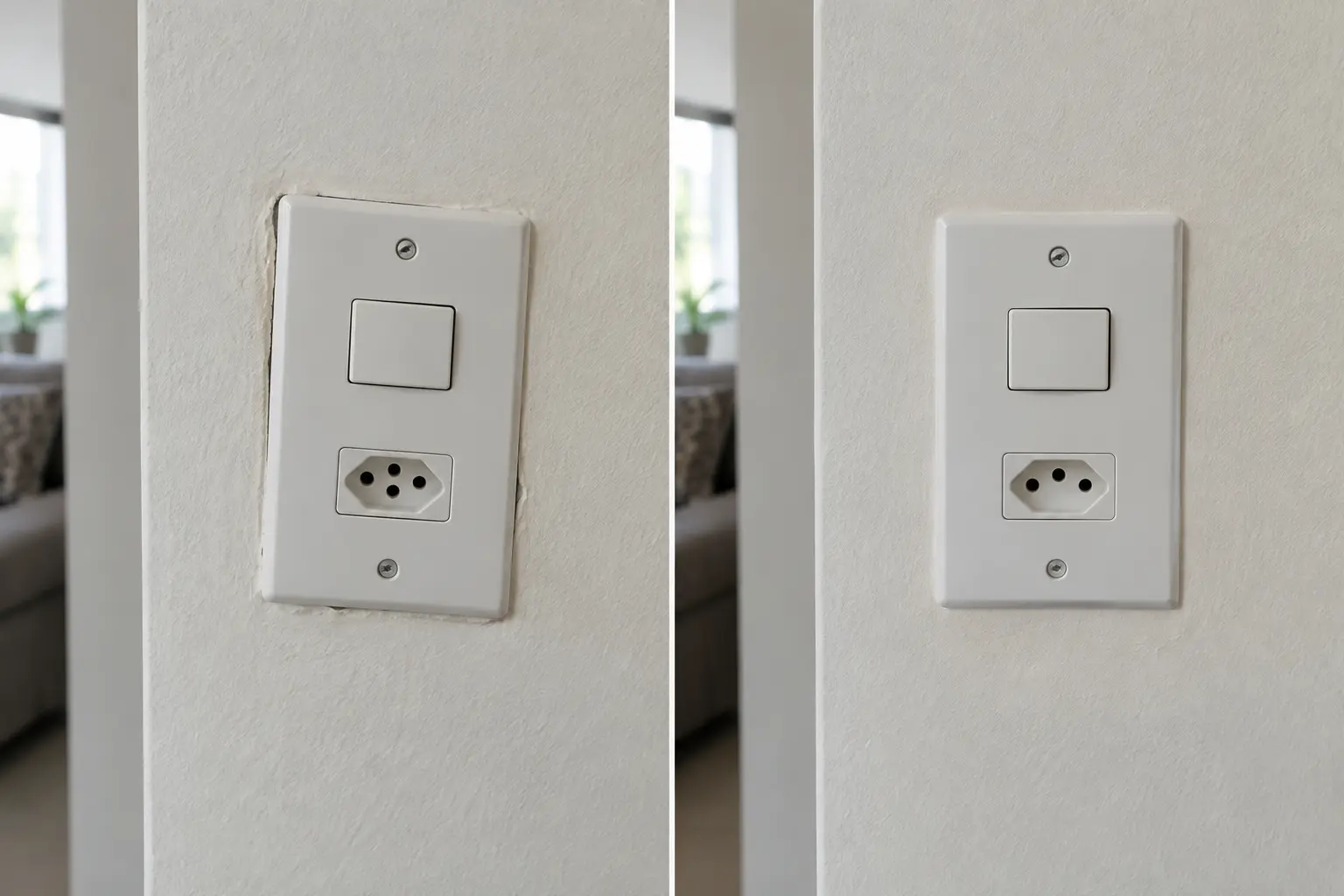 Comparativo simulado lado a lado de uma placa de tomada e interruptor torta e da mesma placa alinhada com pintura recuperada.